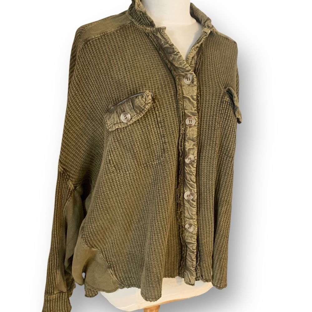 FP Free People Scout Jacket Waffle Knit Oversized Layering Shirt Green Small - Picture 6 of 16